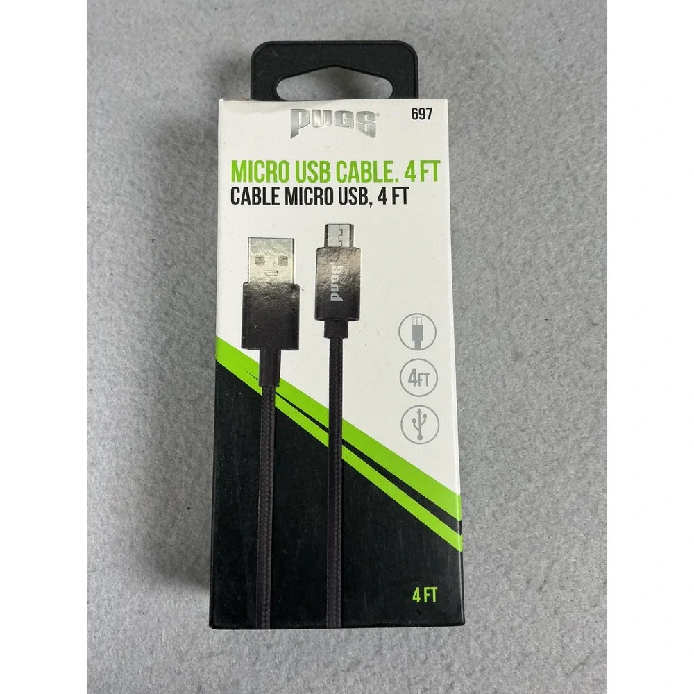 Pugs Gear Micro USB Cable 4 Ft Black Braided 2.1A Charge Sync New